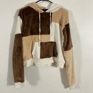 Social Scene Hoodie Womens XL Brown Tan Patchwork Faux Fur Cropped COZY